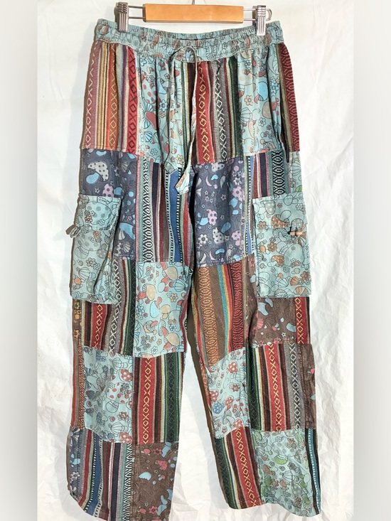 Kathmandu Pants - Kathmandu Patchwork Pants S/M Drawstring Mushrooms Pockets Festival Boho Hippie